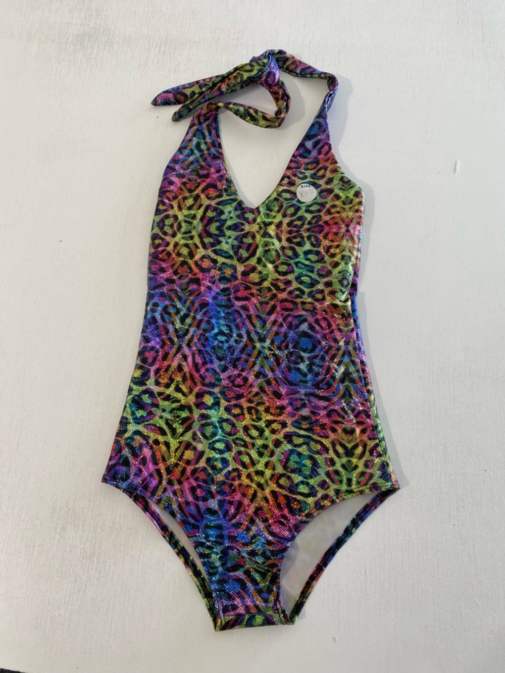 Women Neon Rainbow holographic sparkle bodysuit Leopard Halter